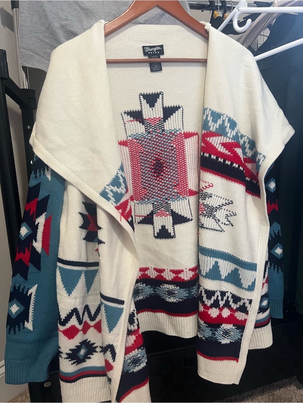 Wrangler Cream Aztec Pattern Open Front Cardigan with Red & Teal Accents